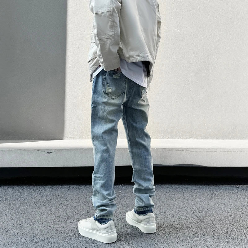 mens high street denim jean pants new casual blue slim ripped holes straight zipper jeans trousers hip hop streetwear joggers unique joggers style 5235