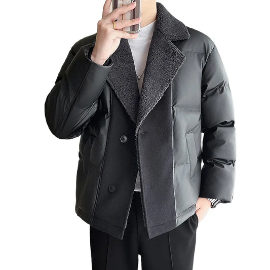 Men Winter Faux Fur Collar Splice Leather Business Casual Cotton-padded Jacket Streetwear Fashion Loose Leather Parka Coat Street King Limited
