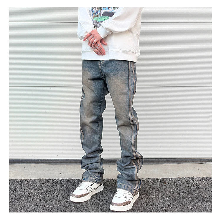 high street vibe washed striped flared jeans dark blue distressed jean casual side stripes slim micro flared jeans pants male unique jeans style 1661