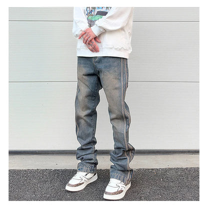 high street vibe washed striped flared jeans dark blue distressed jean casual side stripes slim micro flared jeans pants male unique jeans style 1661