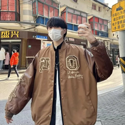 american retro mens baseball uniform street harajuku patchwork leather loose jackets color block towel embroidery trend coats relaxed fit trousers