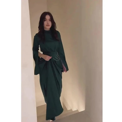 Elegant Lady Long Satin Dress Half High Collar Flare Sleeves Party Bodycon Dress Streetwear Solid Slim Evening Dresses For Women Street King Limited