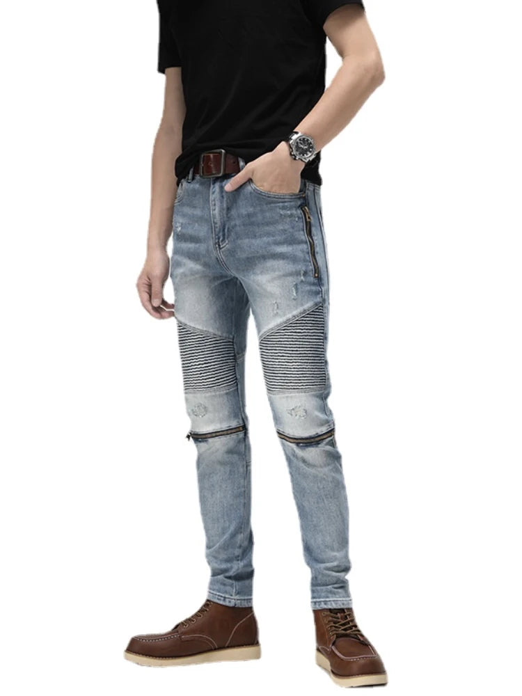 knee zipper patchwork pleated skinny denim jeans men casual slim biker trousers jeans fashion streetwear hip hop pants joggers sporty tapered joggers