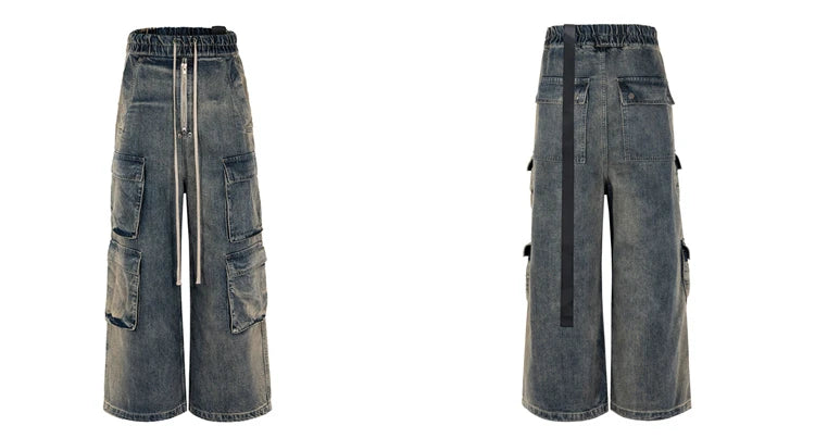 fashion denim baggy cargo jean pants men hip hop elastic waist wide legs retro washed jeans side pocket streetwear jeans joggers unique joggers style 3479