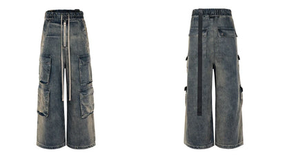 fashion denim baggy cargo jean pants men hip hop elastic waist wide legs retro washed jeans side pocket streetwear jeans joggers unique joggers style 3479