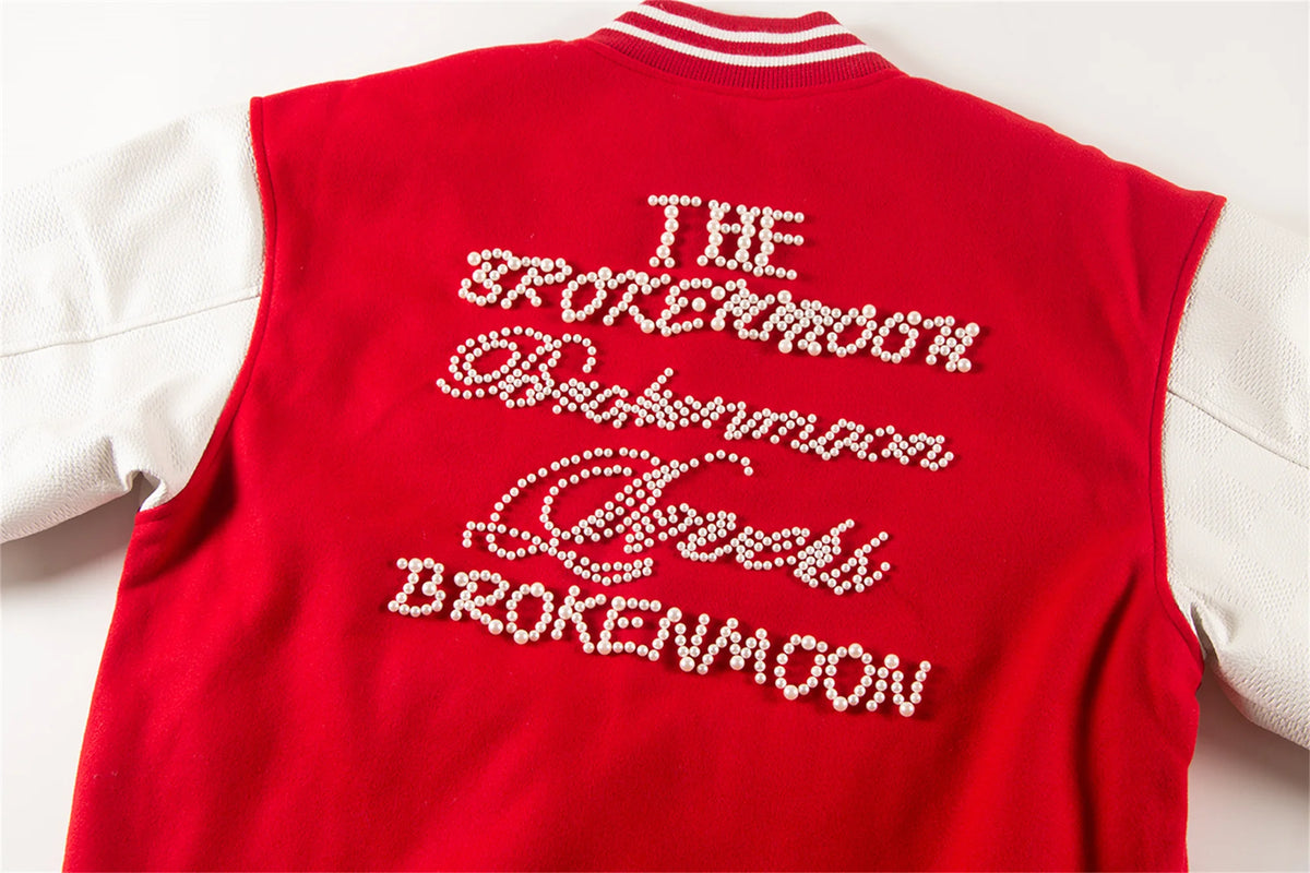 2024 hotselling high street pearl red hot stamping splicing checkered leather sleeves baseball jacket coat unique default style 148