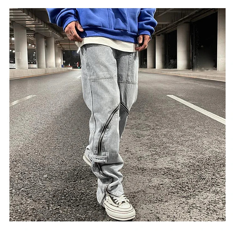 fashion denim straight pants hip hop jeans with zipper streetwear trousers new summer casual joggers men designer jeans for men unique joggers style 145