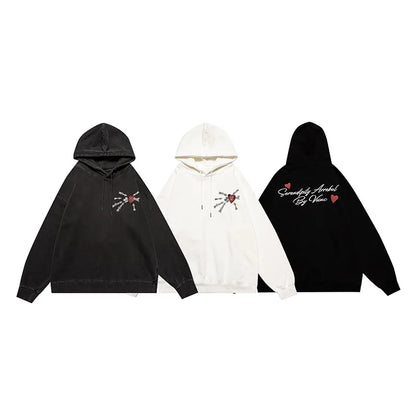 Streetwear Men Arrow Shooting Heart Graphic Letter Print Hoodies Autumn Trendy Rib Sleeve Hooded Sweatshirt Oversized 3 Colors Street King Limited