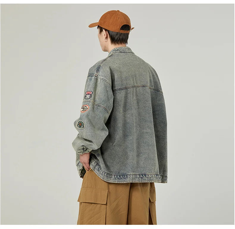 high street vintage washed denim jacket men american style embroidery label stand collar ruffian handsome motorcycle jeans coats unique jeans style 5388