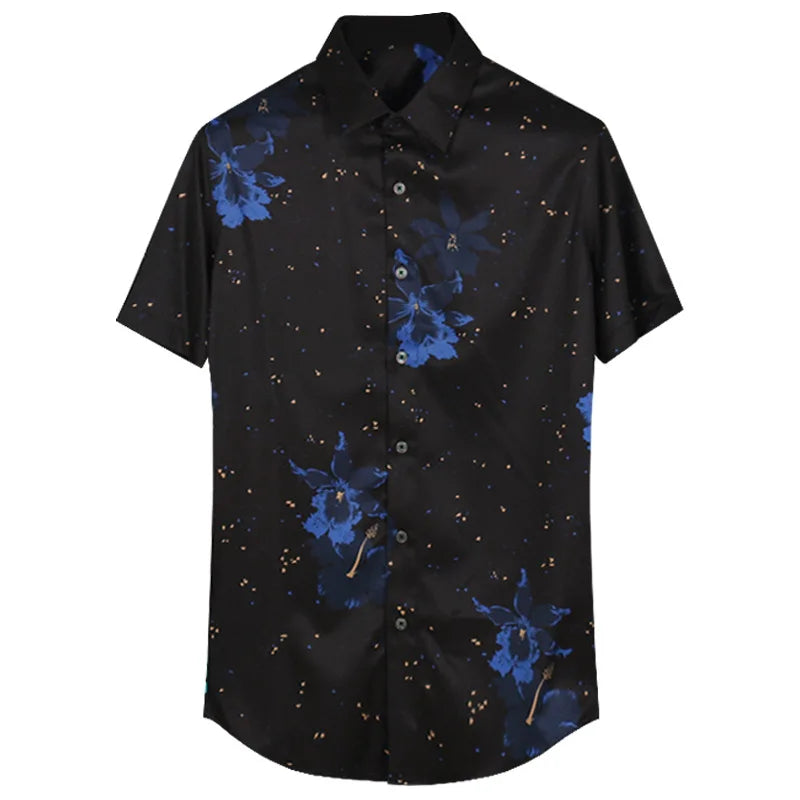 New 2021 luxury Men Classic Hibiscus Flowers Ink Fashion 50% Silk Casual Shirts Shirt high quality Pocket Short sleeves #A43 Street King Limited