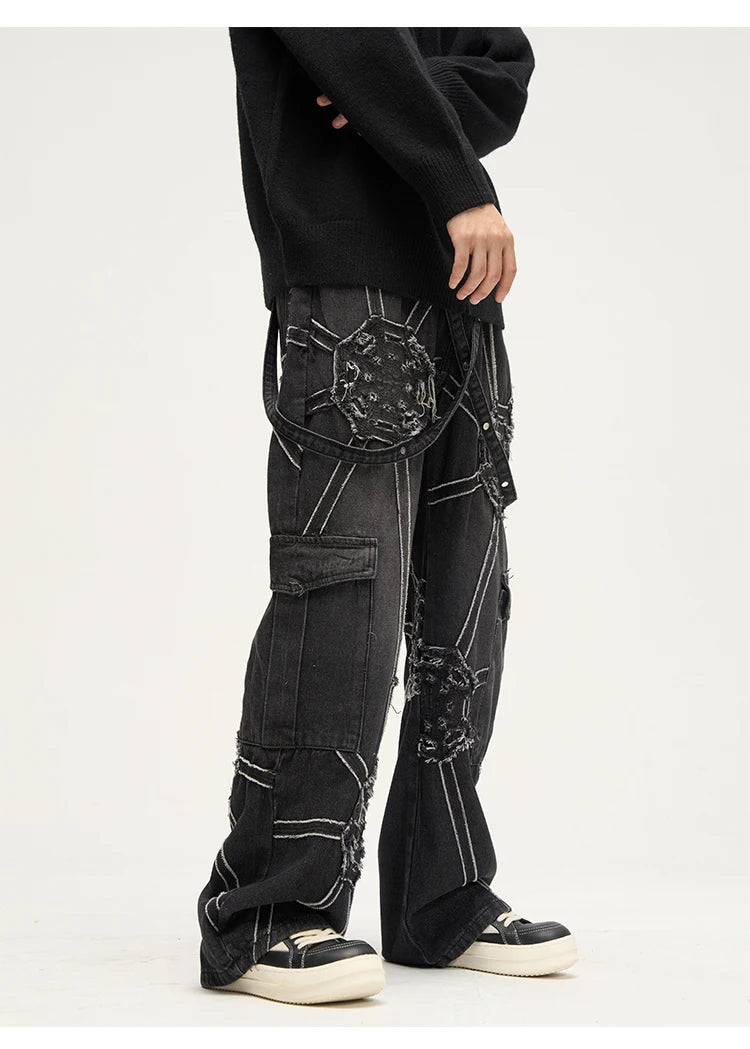 punk belt denim jeans pants women harajuku streetwear side pocket cotton men unisex casual baggy joggers straight pants trousers unique joggers style 3356