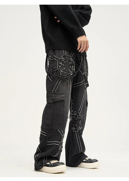 punk belt denim jeans pants women harajuku streetwear side pocket cotton men unisex casual baggy joggers straight pants trousers unique joggers style 3356
