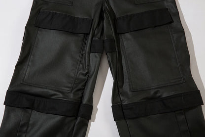 high street striped pu leather cargo pants mens harajuku straight ropa hombre loose overalls oversized casual trousers baggy cargo bottoms