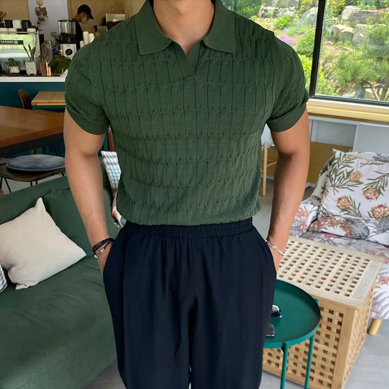 Summer New Knitted Polo Shirt Men's Short Sleeve Casual Half Sleeve Lapel Green T-Shirt Slim Top Street King Limited