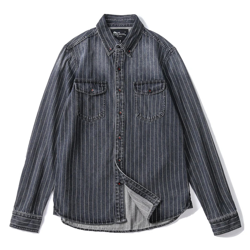Amekaji VIntage Denim Shirt Men Spring Autumn New Lapel Multi-pocket Blue Striped Long Sleeve Cargo Shirt  Casual Cardigan Tops Street King Limited