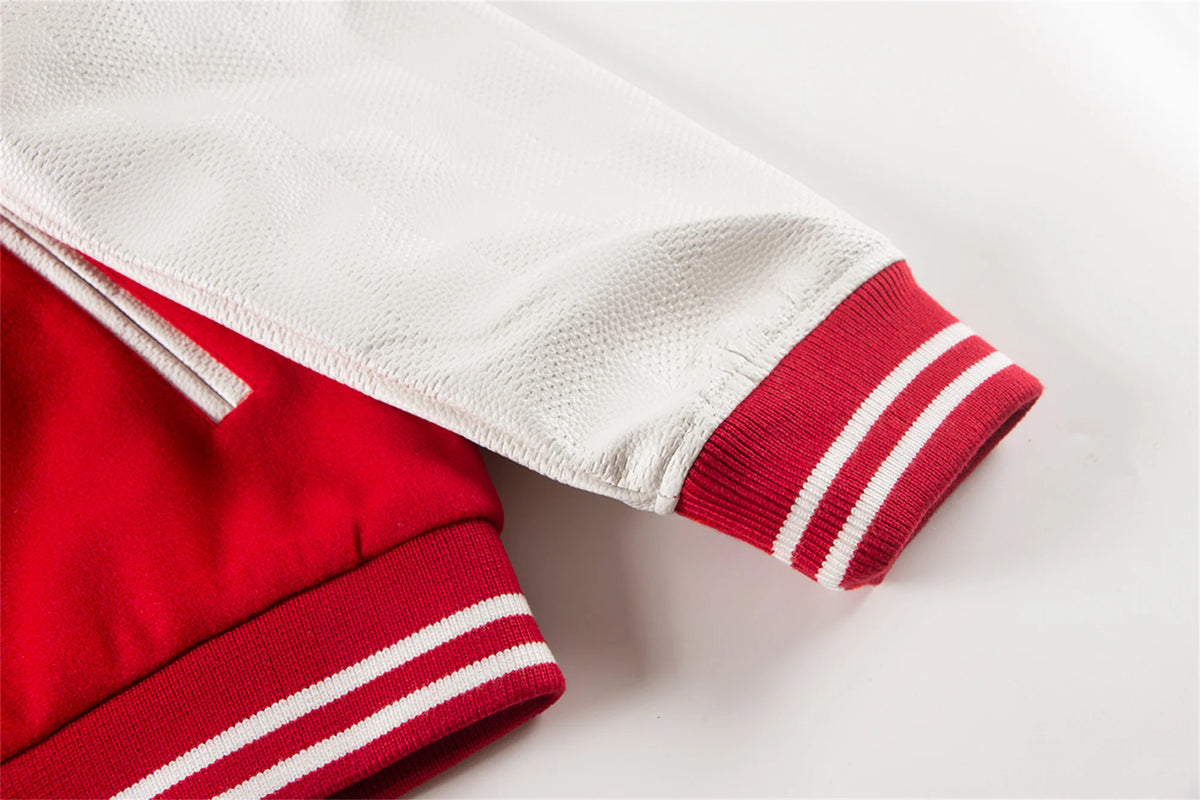 2024 hotselling high street pearl red hot stamping splicing checkered leather sleeves baseball jacket coat unique default style 153