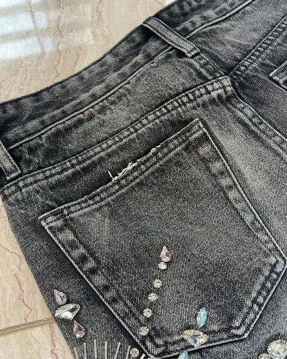Denim Gym Shorts Men Women Y2K Hip Hop Retro Rhinestones Streetwear Shorts Gothic Baggy Jeans High Waist Basketball Shorts Street King Limited