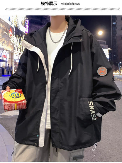 korean style punch jacket men autumn new epaulet design hooded jackets waterproof windproof loose unisex coats unique default style 5074
