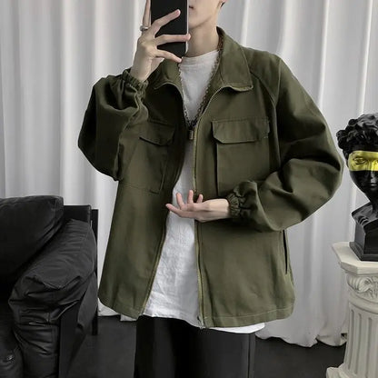 work jacket mens spring and autumn korean style trendy handsome top ins trendy brand loose hong kong style stand collar jacket clean everyday pants