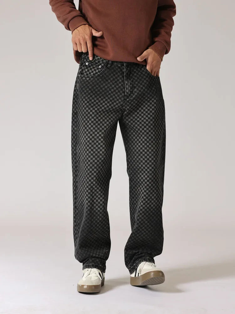 men streetwear fashion hip hop loose casual print black plaid denim pant jeans man vibe straight cowboy baggy jeans trousers unique jeans style 1443