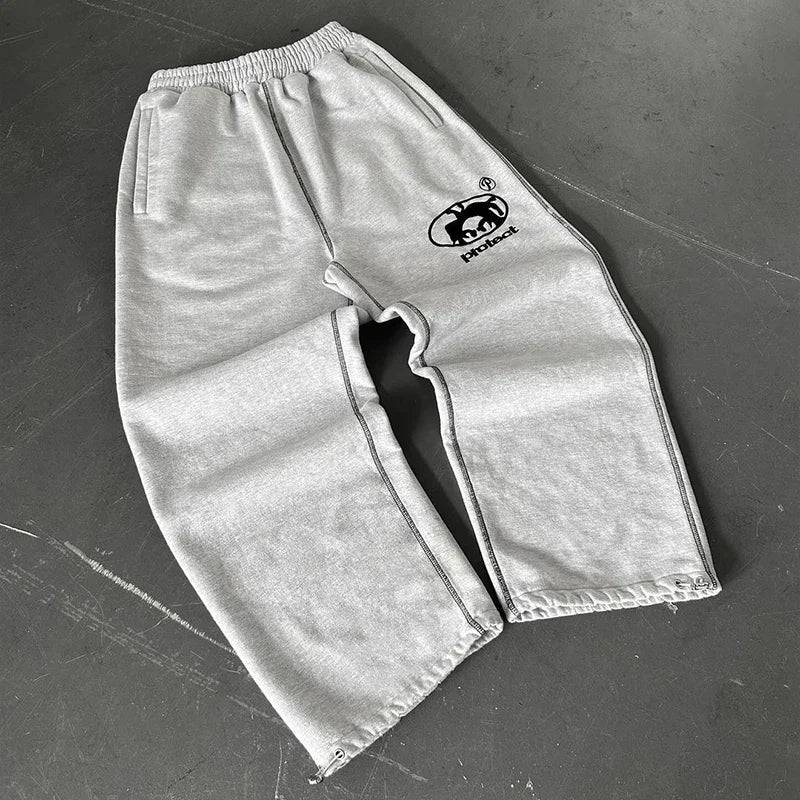Fashion Drawstring Leg Tie Pants Street Casual Y2K Sweat Pants Men Embroidered High Street Oversized Cotton Straight Leg Pants Street King Limited