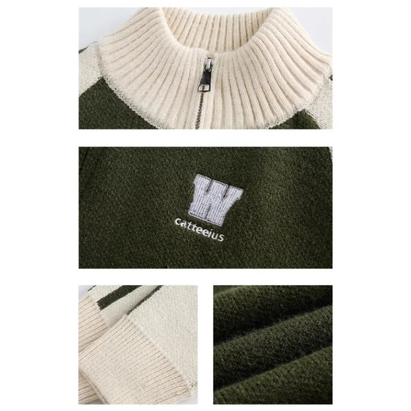 2023 College Vintage Knit Cardigan Men Harajuku Letter Print Patchwork Sweater Casual Loose Zipper Pull Homme Spring Autumn Street King Limited