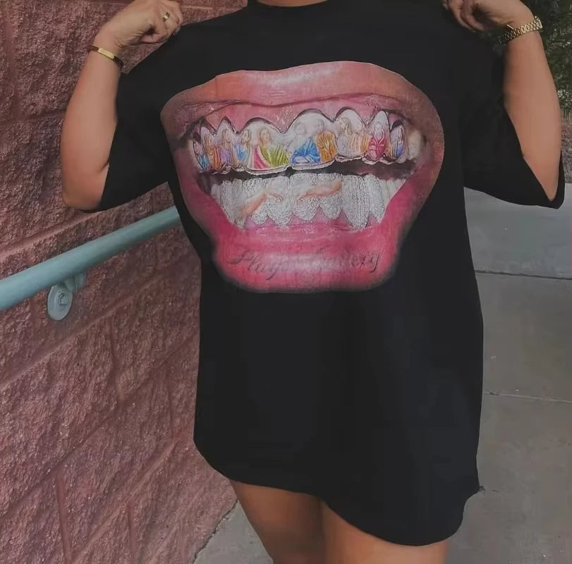 American Fashion Trend Pattern Printed Cotton Spot T-shirt Women Y2K New Street Popular Loose Short Sleeved Couple Joker T-shirt Street King Limited