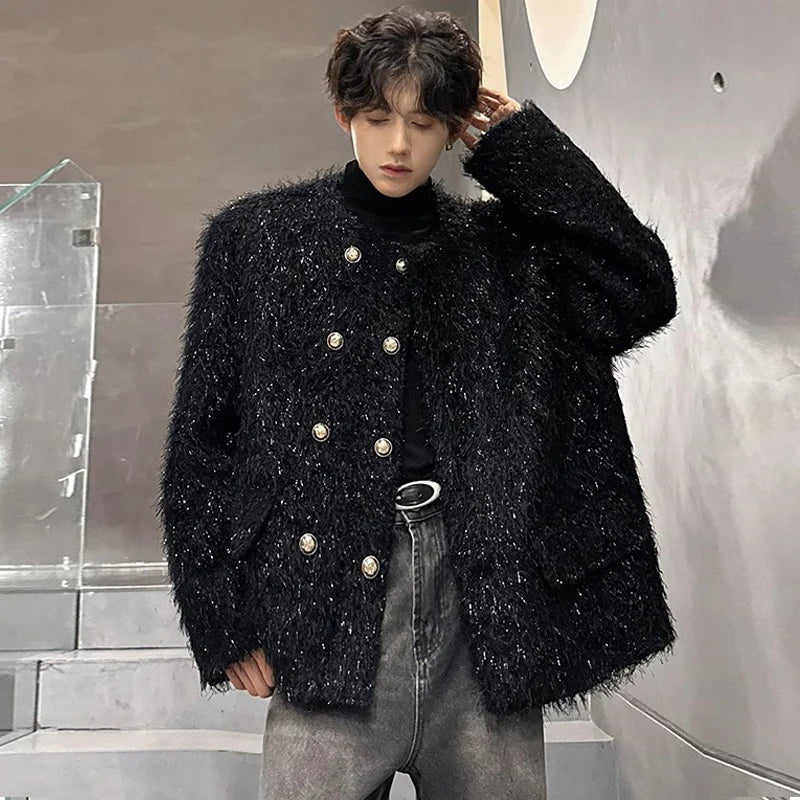 men double breasted french streetwear retro fashion loose casual tassels woolen short jacket man korean coat outerwear unique shorts style 1297