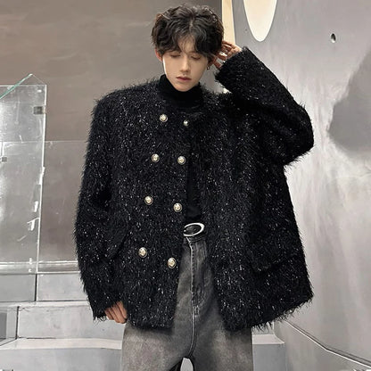 men double breasted french streetwear retro fashion loose casual tassels woolen short jacket man korean coat outerwear unique shorts style 1297