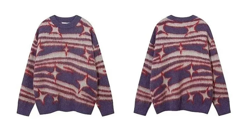 japanese hip hop sweater set men contrast zebra pattern round neck knit top splicing distressed loose jeans 2 pcs harajuku suit unique jeans style 3956
