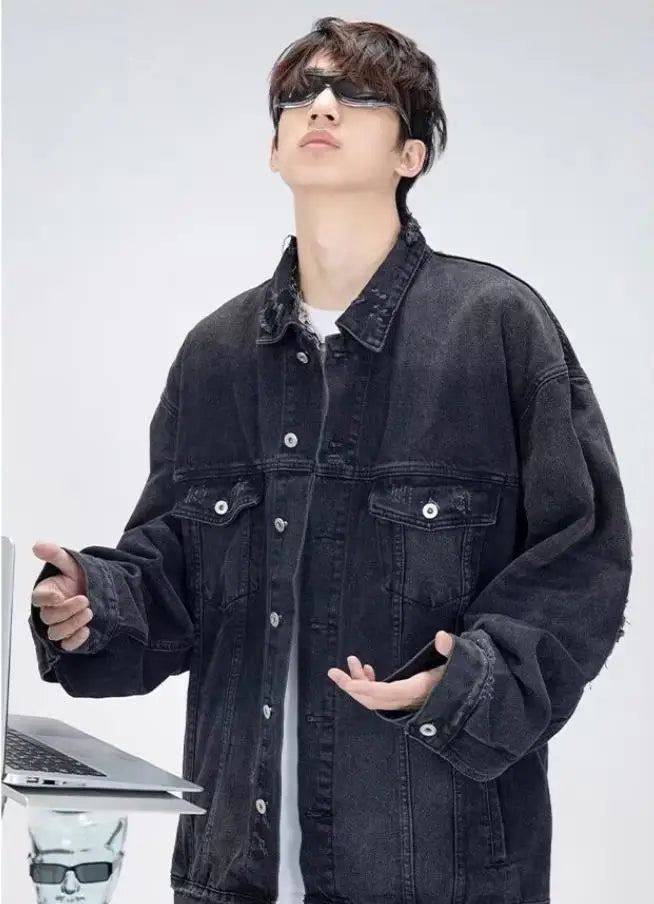 high street washed denim jacket mens trends new spring streetwear single breasted casual hip hop coats loose cowboy outwear unique jeans style 4009
