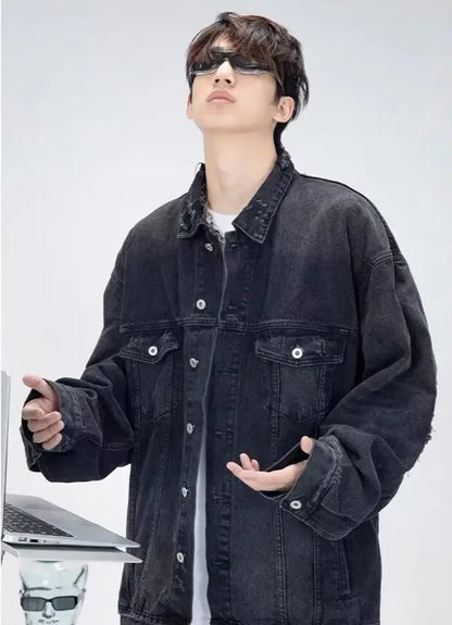 high street washed denim jacket mens trends new spring streetwear single breasted casual hip hop coats loose cowboy outwear unique jeans style 4009