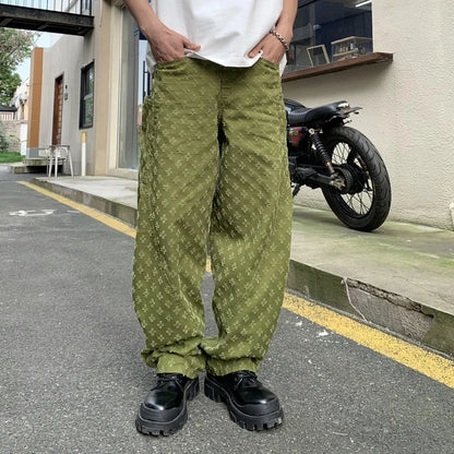 men brand fashion wash jacquard denim splice pocket loose casual wide leg baggy jeans cityboy cargo jeans pants trousers unique cargo style 2443