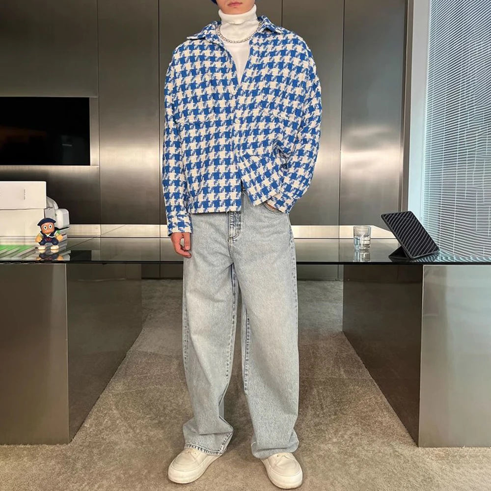 2024 Spring New Simple Versatile Fashionable Blue Houndstooth Woolen Shirt Style Genderless Casual Unisex Long-Sleeved Shirt Street King Limited
