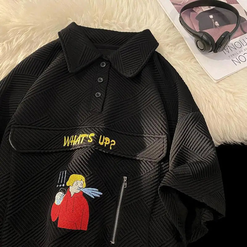 Korean waffle short-sleeved polo shirt with cartoon pattern summer jacquard collar t-shirt for men ins Hong Kong style loose top Street King Limited