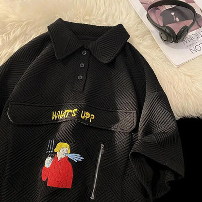 Korean waffle short-sleeved polo shirt with cartoon pattern summer jacquard collar t-shirt for men ins Hong Kong style loose top Street King Limited