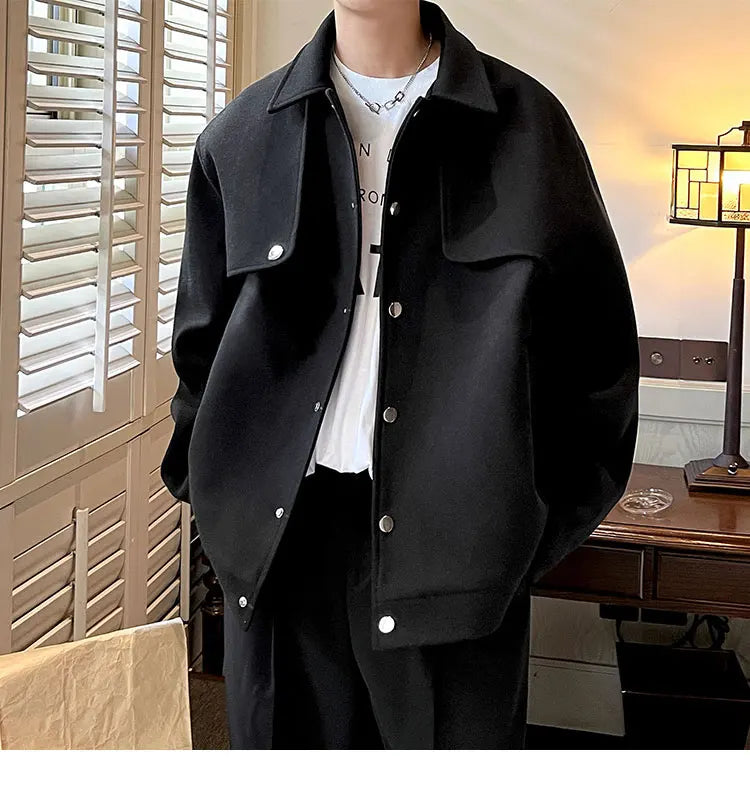 Winter Short Woolen Coat Men Warm Retro Thickened Woolen Jacket Men Streetwear Korean Loose Woolen Coat Mens Oversized Overcoat Street King Limited