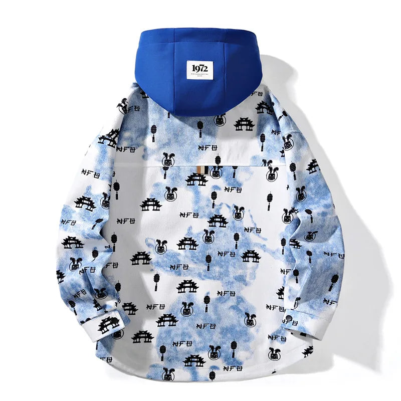 full print jackets for men spring autumn new colour clash hooded coat chest pockets design y2k jackets large size hip hop minimalist street pants