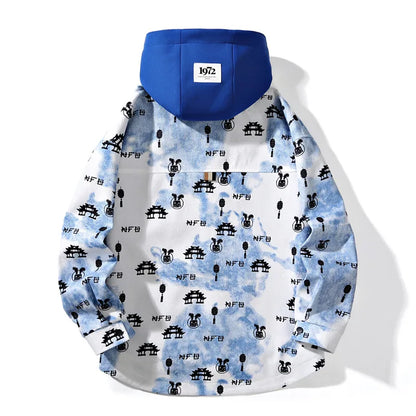 full print jackets for men spring autumn new colour clash hooded coat chest pockets design y2k jackets large size hip hop minimalist street pants