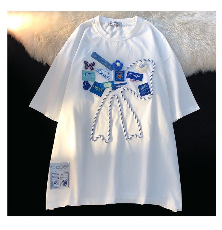 Super Chic Appliques Butterfly Bow Creative T Shirts Sweet Girl Kawaii Clothes 2022 Summer Large 2XL Korean Brand Office Ladies Street King Limited