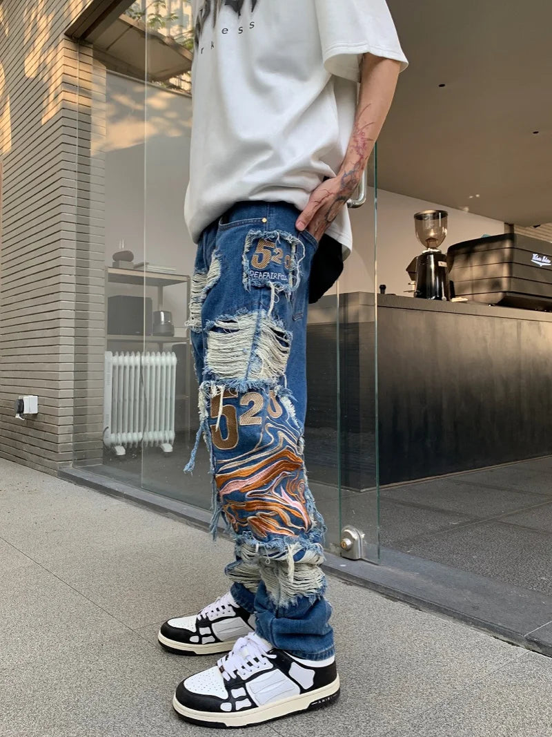 fashion embroidery destroyed ripped tassel holes denim jean pants mens casual loose straight jeans hip hop streetwear joggers urban active pants