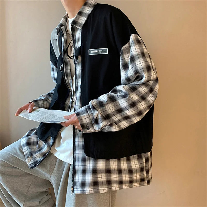 Streetwear New Fake Two Piece Zip Plaid Cargo Shirts Mens Japanese Streetwear Fas 2024 New Fake Two Piece Zip Plaid Cargo Shirts Mens Japanese Streetwear Fashion Social Shirt Autumn Long Sleeve Baggy Y2K Shirt Fashion Sweater Jacket With Graphic Design For Men