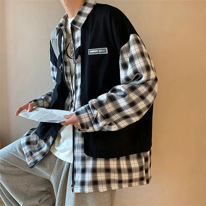 Streetwear New Fake Two Piece Zip Plaid Cargo Shirts Mens Japanese Streetwear Fas 2024 New Fake Two Piece Zip Plaid Cargo Shirts Mens Japanese Streetwear Fashion Social Shirt Autumn Long Sleeve Baggy Y2K Shirt Fashion Sweater Jacket With Graphic Design For Men