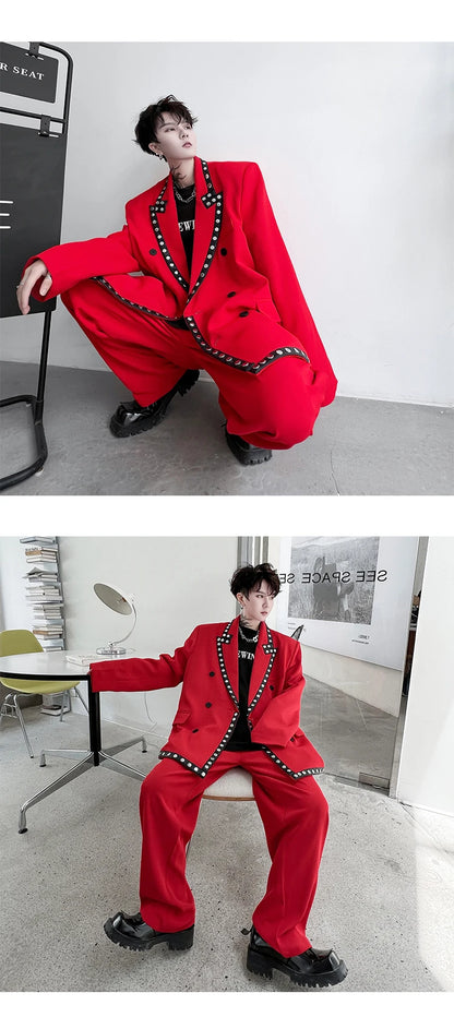 men streetwear fashion loose casual rivet hip hop party dress 2 piece suits blazers jacket pant sets stage clothing costume unique default style 1520