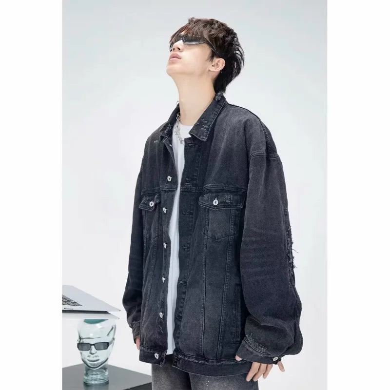 high street washed denim jacket mens trends new spring streetwear single breasted casual hip hop coats loose cowboy outwear vintage washed jeans