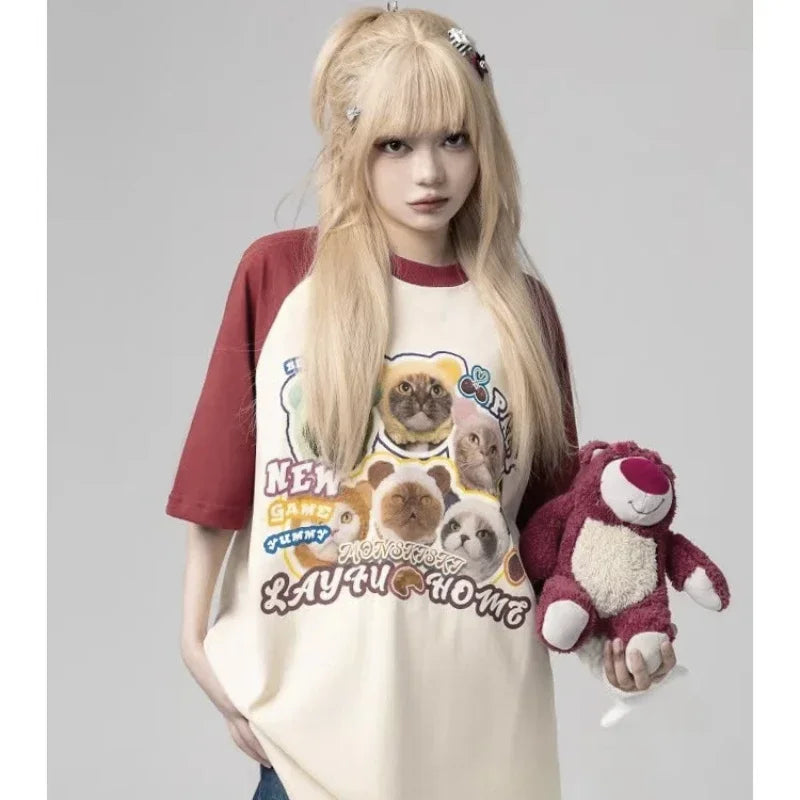 Cat t-shirt women printed raglan sleeves loose casual round neck cute couple half-sleeves y2k top women clothes harajuku kawaii Street King Limited