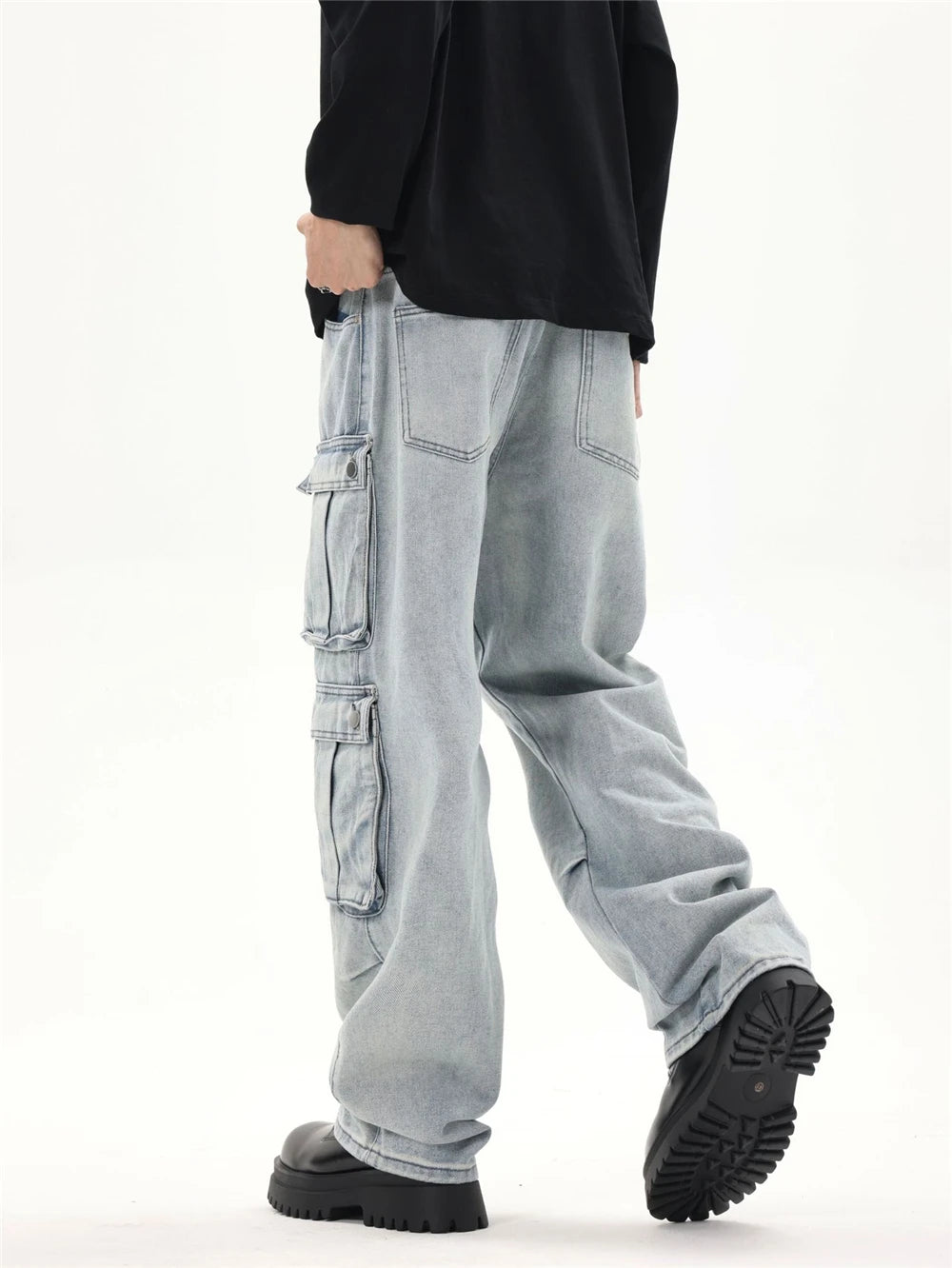 2024 multi pocket jeans vintage mens harajuku cargo denim pants retro hip hop straight loose jean pants unique cargo style 1006