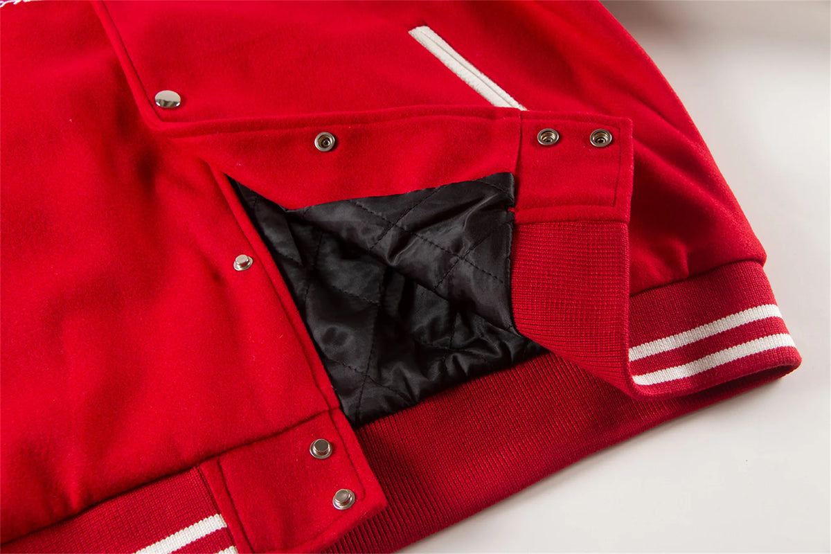 2024 hotselling high street pearl red hot stamping splicing checkered leather sleeves baseball jacket coat unique default style 152