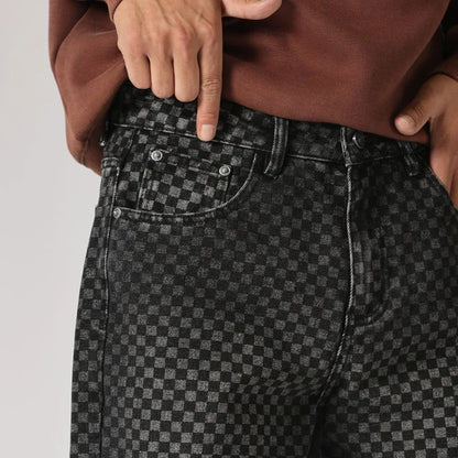 men streetwear fashion hip hop loose casual print black plaid denim pant jeans man vibe straight cowboy baggy jeans trousers unique jeans style 1451
