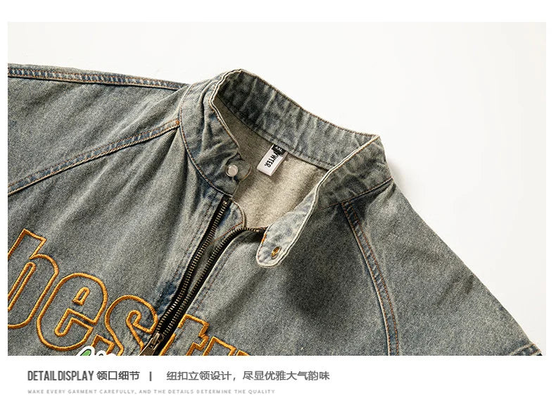 high street vintage washed denim jacket men american style embroidery label stand collar ruffian handsome motorcycle jeans coats unique jeans style 5391